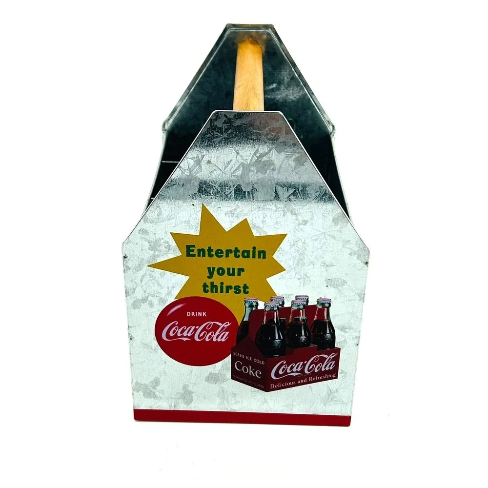 Coca Cola Galvanized Metal Tin Caddy Wooden Handle Thirst Stops Here Retro Decor